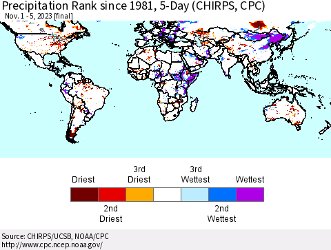 World Precipitation Rank since 1981, 5-Day (CHIRPS) Thematic Map For 11/1/2023 - 11/5/2023