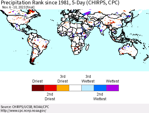 World Precipitation Rank since 1981, 5-Day (CHIRPS) Thematic Map For 11/6/2023 - 11/10/2023