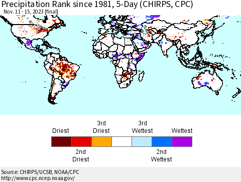 World Precipitation Rank since 1981, 5-Day (CHIRPS) Thematic Map For 11/11/2023 - 11/15/2023