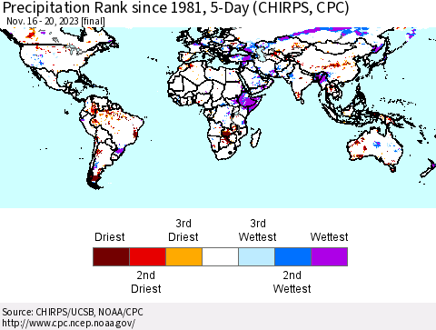 World Precipitation Rank since 1981, 5-Day (CHIRPS) Thematic Map For 11/16/2023 - 11/20/2023