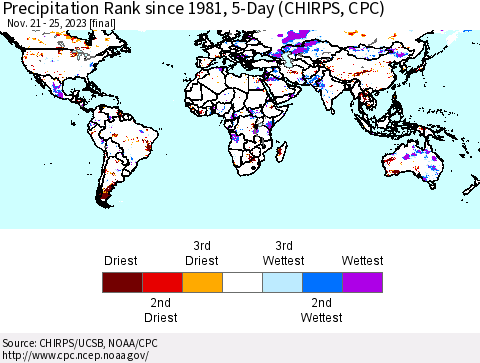 World Precipitation Rank since 1981, 5-Day (CHIRPS) Thematic Map For 11/21/2023 - 11/25/2023