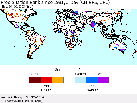 World Precipitation Rank since 1981, 5-Day (CHIRPS) Thematic Map For 11/26/2023 - 11/30/2023