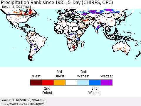 World Precipitation Rank since 1981, 5-Day (CHIRPS) Thematic Map For 12/1/2023 - 12/5/2023