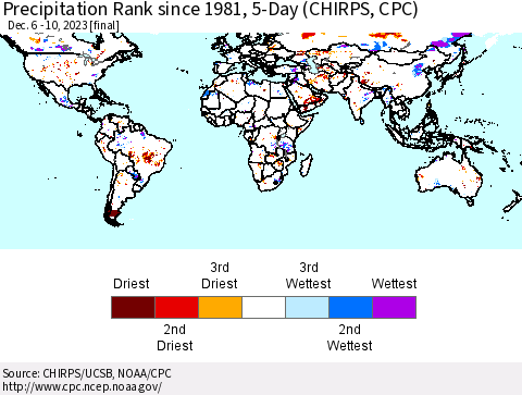 World Precipitation Rank since 1981, 5-Day (CHIRPS) Thematic Map For 12/6/2023 - 12/10/2023