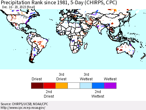 World Precipitation Rank since 1981, 5-Day (CHIRPS) Thematic Map For 12/16/2023 - 12/20/2023