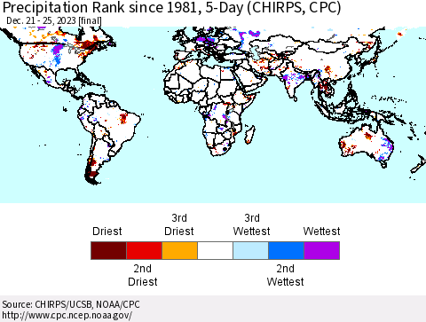 World Precipitation Rank since 1981, 5-Day (CHIRPS) Thematic Map For 12/21/2023 - 12/25/2023