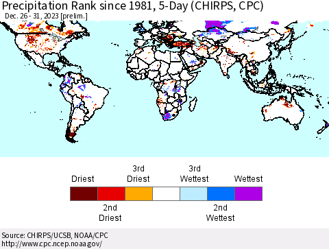 World Precipitation Rank since 1981, 5-Day (CHIRPS) Thematic Map For 12/26/2023 - 12/31/2023