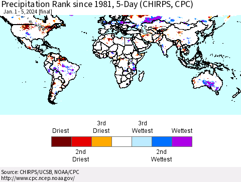 World Precipitation Rank since 1981, 5-Day (CHIRPS) Thematic Map For 1/1/2024 - 1/5/2024