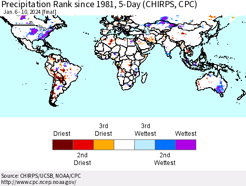 World Precipitation Rank since 1981, 5-Day (CHIRPS) Thematic Map For 1/6/2024 - 1/10/2024