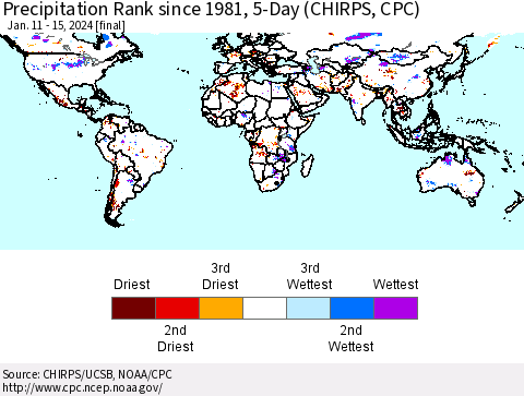 World Precipitation Rank since 1981, 5-Day (CHIRPS) Thematic Map For 1/11/2024 - 1/15/2024
