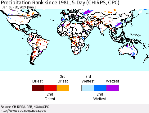 World Precipitation Rank since 1981, 5-Day (CHIRPS) Thematic Map For 1/16/2024 - 1/20/2024