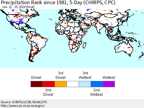 World Precipitation Rank since 1981, 5-Day (CHIRPS) Thematic Map For 1/21/2024 - 1/25/2024