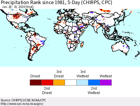 World Precipitation Rank since 1981, 5-Day (CHIRPS) Thematic Map For 1/26/2024 - 1/31/2024