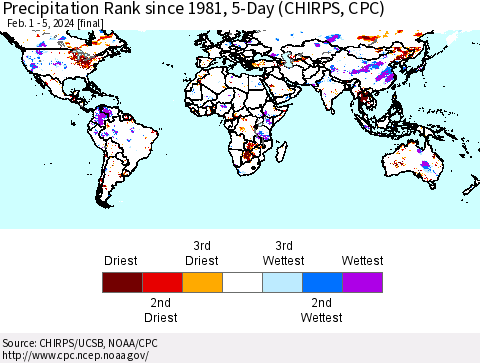 World Precipitation Rank since 1981, 5-Day (CHIRPS) Thematic Map For 2/1/2024 - 2/5/2024