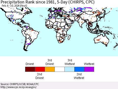 World Precipitation Rank since 1981, 5-Day (CHIRPS) Thematic Map For 2/6/2024 - 2/10/2024