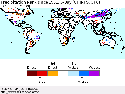 World Precipitation Rank since 1981, 5-Day (CHIRPS) Thematic Map For 2/16/2024 - 2/20/2024