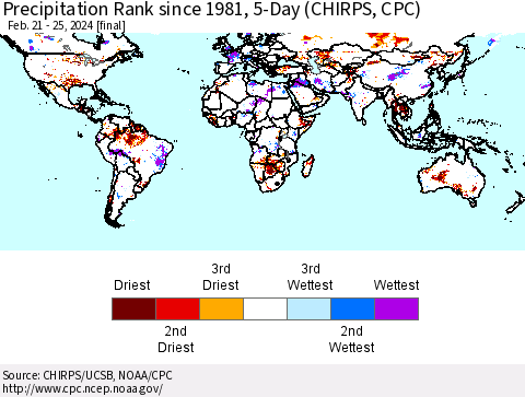 World Precipitation Rank since 1981, 5-Day (CHIRPS) Thematic Map For 2/21/2024 - 2/25/2024