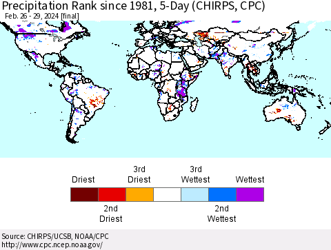 World Precipitation Rank since 1981, 5-Day (CHIRPS) Thematic Map For 2/26/2024 - 2/29/2024