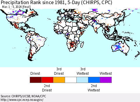 World Precipitation Rank since 1981, 5-Day (CHIRPS) Thematic Map For 3/1/2024 - 3/5/2024