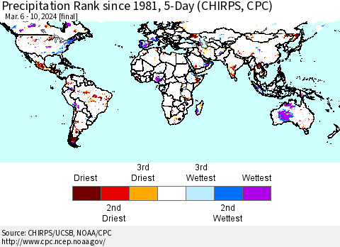 World Precipitation Rank since 1981, 5-Day (CHIRPS) Thematic Map For 3/6/2024 - 3/10/2024