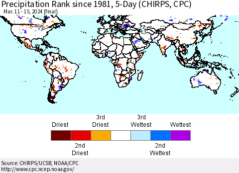 World Precipitation Rank since 1981, 5-Day (CHIRPS) Thematic Map For 3/11/2024 - 3/15/2024