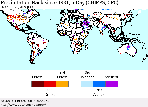 World Precipitation Rank since 1981, 5-Day (CHIRPS) Thematic Map For 3/16/2024 - 3/20/2024
