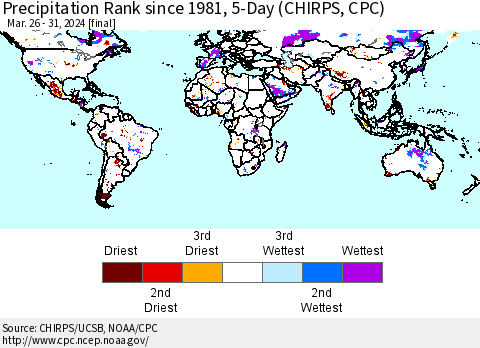 World Precipitation Rank since 1981, 5-Day (CHIRPS) Thematic Map For 3/26/2024 - 3/31/2024
