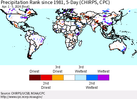 World Precipitation Rank since 1981, 5-Day (CHIRPS) Thematic Map For 4/1/2024 - 4/5/2024