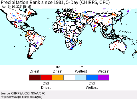 World Precipitation Rank since 1981, 5-Day (CHIRPS) Thematic Map For 4/6/2024 - 4/10/2024