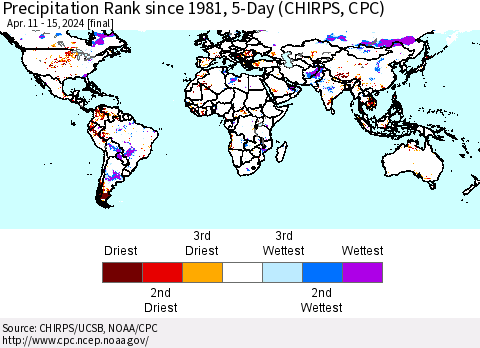World Precipitation Rank since 1981, 5-Day (CHIRPS) Thematic Map For 4/11/2024 - 4/15/2024