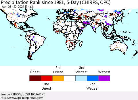 World Precipitation Rank since 1981, 5-Day (CHIRPS) Thematic Map For 4/16/2024 - 4/20/2024