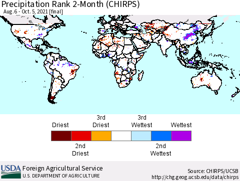 World Precipitation Rank 2-Month (CHIRPS) Thematic Map For 8/6/2021 - 10/5/2021