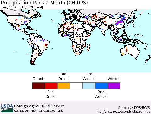 World Precipitation Rank 2-Month (CHIRPS) Thematic Map For 8/11/2021 - 10/10/2021