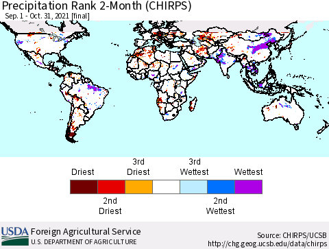 World Precipitation Rank 2-Month (CHIRPS) Thematic Map For 9/1/2021 - 10/31/2021