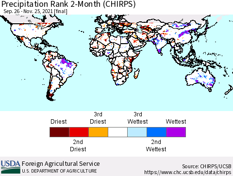 World Precipitation Rank 2-Month (CHIRPS) Thematic Map For 9/26/2021 - 11/25/2021