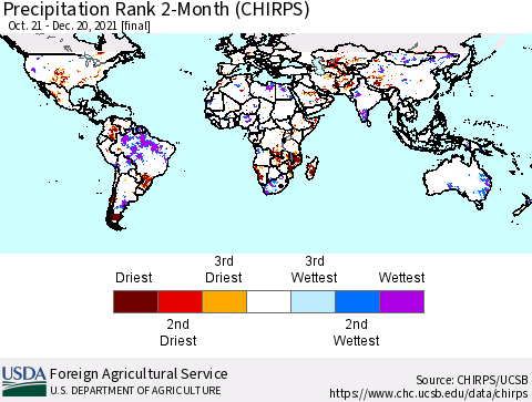 World Precipitation Rank 2-Month (CHIRPS) Thematic Map For 10/21/2021 - 12/20/2021