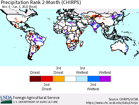 World Precipitation Rank 2-Month (CHIRPS) Thematic Map For 11/6/2021 - 1/5/2022