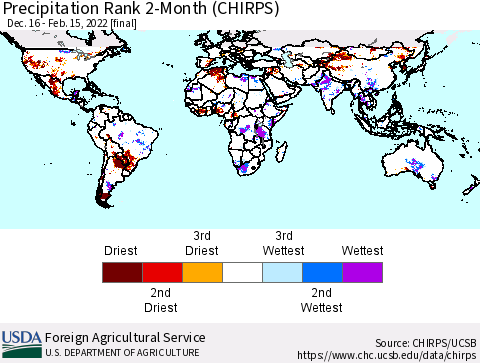 World Precipitation Rank 2-Month (CHIRPS) Thematic Map For 12/16/2021 - 2/15/2022