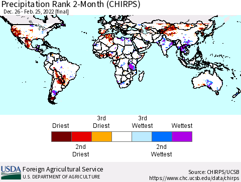 World Precipitation Rank 2-Month (CHIRPS) Thematic Map For 12/26/2021 - 2/25/2022