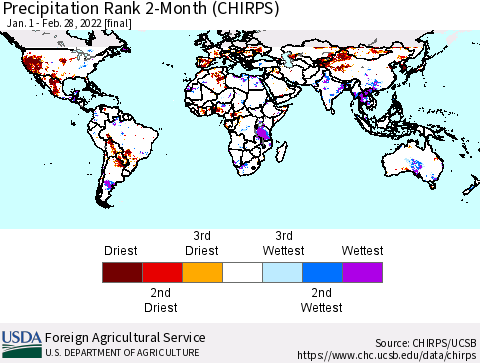 World Precipitation Rank since 1981, 2-Month (CHIRPS) Thematic Map For 1/1/2022 - 2/28/2022