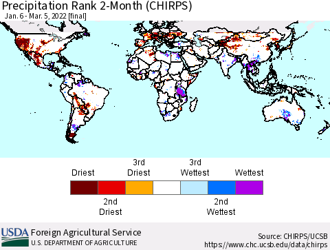 World Precipitation Rank since 1981, 2-Month (CHIRPS) Thematic Map For 1/6/2022 - 3/5/2022