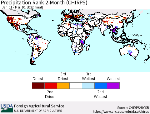 World Precipitation Rank since 1981, 2-Month (CHIRPS) Thematic Map For 1/11/2022 - 3/10/2022