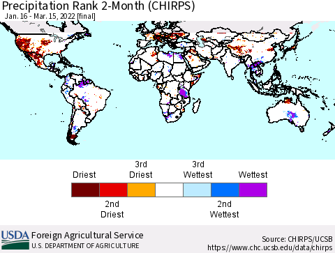 World Precipitation Rank since 1981, 2-Month (CHIRPS) Thematic Map For 1/16/2022 - 3/15/2022
