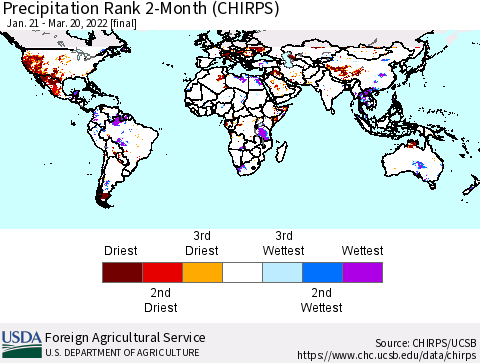 World Precipitation Rank since 1981, 2-Month (CHIRPS) Thematic Map For 1/21/2022 - 3/20/2022