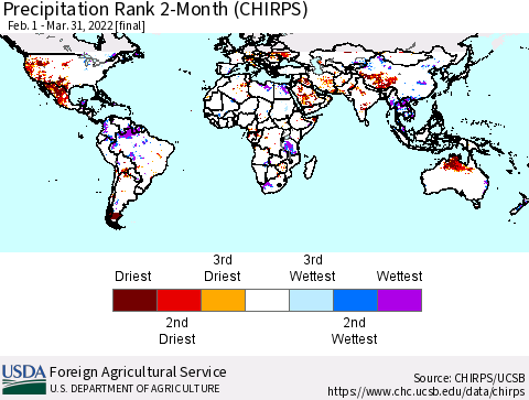World Precipitation Rank since 1981, 2-Month (CHIRPS) Thematic Map For 2/1/2022 - 3/31/2022