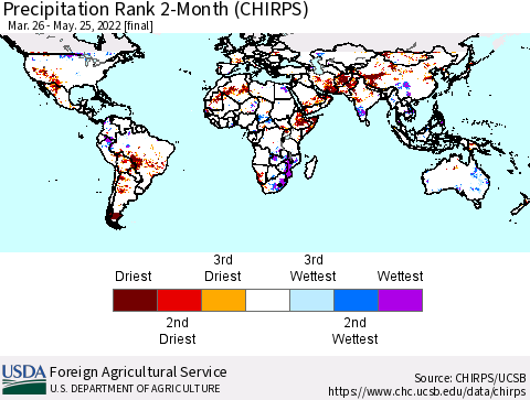 World Precipitation Rank since 1981, 2-Month (CHIRPS) Thematic Map For 3/26/2022 - 5/25/2022
