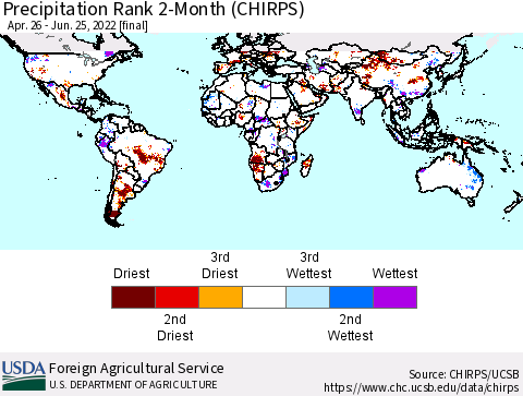 World Precipitation Rank since 1981, 2-Month (CHIRPS) Thematic Map For 4/26/2022 - 6/25/2022