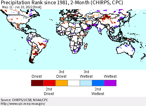 World Precipitation Rank since 1981, 2-Month (CHIRPS) Thematic Map For 5/11/2022 - 7/10/2022