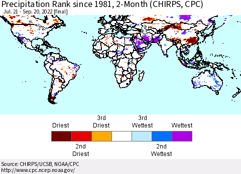 World Precipitation Rank since 1981, 2-Month (CHIRPS) Thematic Map For 7/21/2022 - 9/20/2022