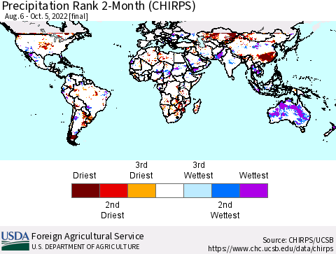 World Precipitation Rank since 1981, 2-Month (CHIRPS) Thematic Map For 8/6/2022 - 10/5/2022